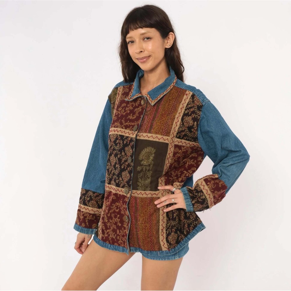 Y2K Units Woman Patchwork Denim Jacket 2X Tapestry Embroidery Boho Art to Wear